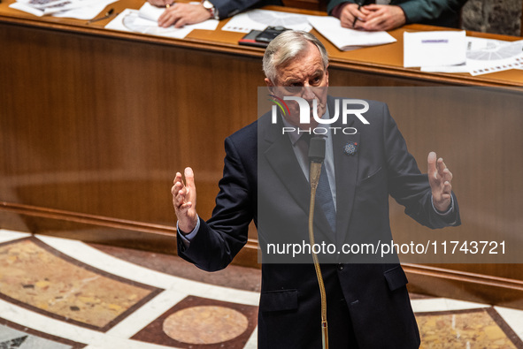 French Prime Minister Michel Barnier is at the National Assembly for question time in Paris, France, on November 5, 2024. 