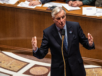 French Prime Minister Michel Barnier is at the National Assembly for question time in Paris, France, on November 5, 2024. (