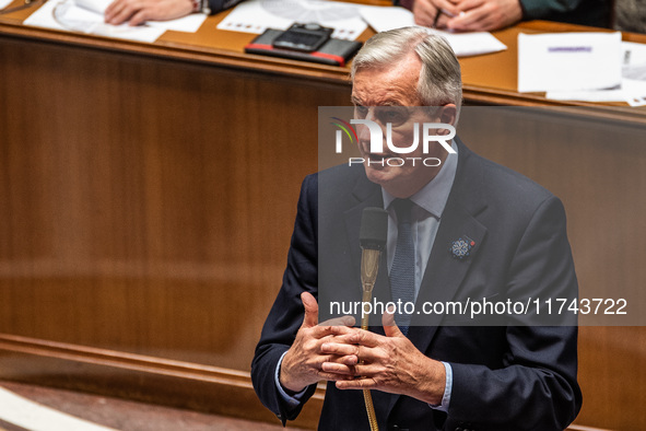 French Prime Minister Michel Barnier is at the National Assembly for question time in Paris, France, on November 5, 2024. 