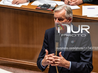 French Prime Minister Michel Barnier is at the National Assembly for question time in Paris, France, on November 5, 2024. (