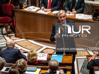 French Prime Minister Michel Barnier is at the National Assembly for question time in Paris, France, on November 5, 2024. (