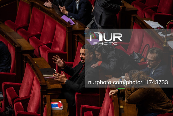 Sebastien Delogu and Sophie Chikirou, deputies of La France Insoumise, are in Parliament in Paris, France, on November 5, 2024. 