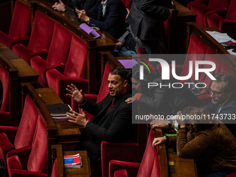 Sebastien Delogu and Sophie Chikirou, deputies of La France Insoumise, are in Parliament in Paris, France, on November 5, 2024. (