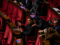 Sebastien Delogu and Sophie Chikirou, deputies of La France Insoumise, are in Parliament in Paris, France, on November 5, 2024. (