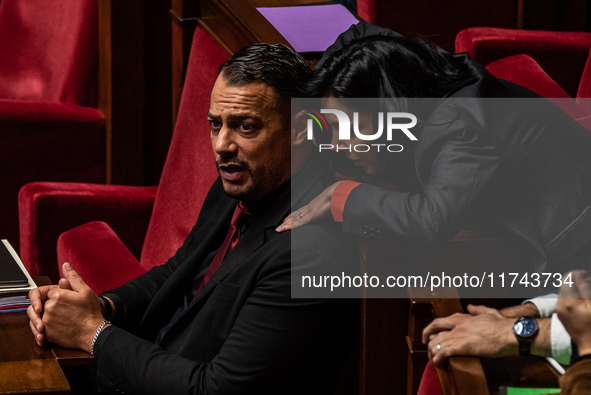 Sebastien Delogu and Sophie Chikirou, deputies of La France Insoumise, are in Parliament in Paris, France, on November 5, 2024. 