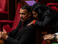 Sebastien Delogu and Sophie Chikirou, deputies of La France Insoumise, are in Parliament in Paris, France, on November 5, 2024. (