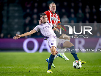 PSV Eindhoven defender Rick Karsdorp and Girona FC defender Miguel Gutierrez play during the match between PSV and Girona at the Philips Sta...