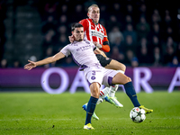 PSV Eindhoven defender Rick Karsdorp and Girona FC defender Miguel Gutierrez play during the match between PSV and Girona at the Philips Sta...