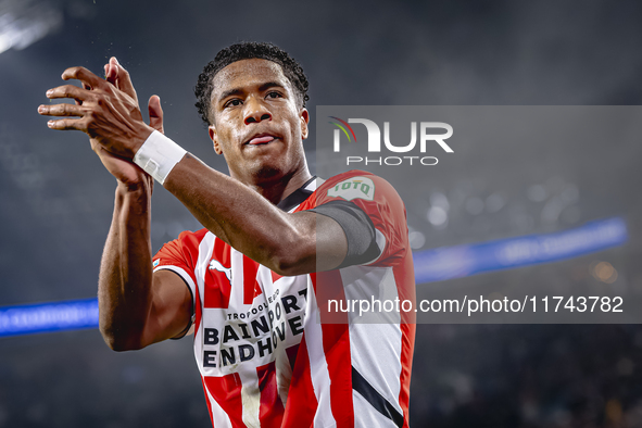 PSV Eindhoven defender Ryan Flamingo scores the 1-0 and celebrates the goal during the match between PSV and Girona at the Philips Stadium f...