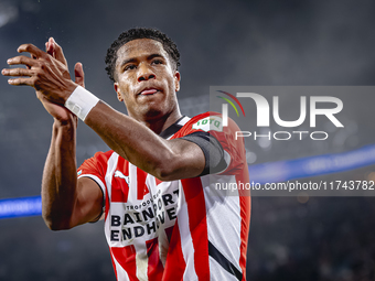 PSV Eindhoven defender Ryan Flamingo scores the 1-0 and celebrates the goal during the match between PSV and Girona at the Philips Stadium f...