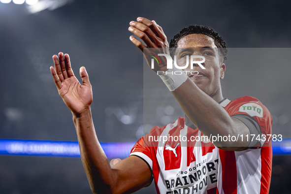 PSV Eindhoven defender Ryan Flamingo scores the 1-0 and celebrates the goal during the match between PSV and Girona at the Philips Stadium f...