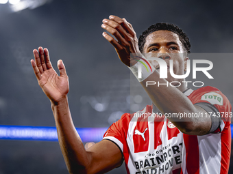 PSV Eindhoven defender Ryan Flamingo scores the 1-0 and celebrates the goal during the match between PSV and Girona at the Philips Stadium f...