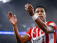 PSV Eindhoven defender Ryan Flamingo scores the 1-0 and celebrates the goal during the match between PSV and Girona at the Philips Stadium f...