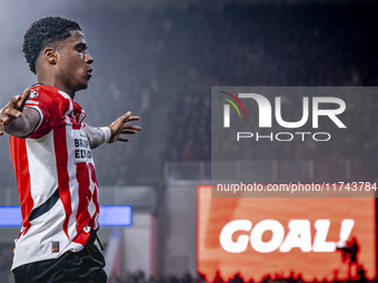 PSV Eindhoven defender Ryan Flamingo scores the 1-0 and celebrates the goal during the match between PSV and Girona at the Philips Stadium f...