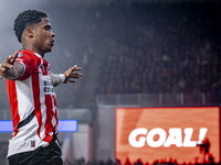 PSV Eindhoven defender Ryan Flamingo scores the 1-0 and celebrates the goal during the match between PSV and Girona at the Philips Stadium f...