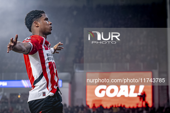 PSV Eindhoven defender Ryan Flamingo scores the 1-0 and celebrates the goal during the match between PSV and Girona at the Philips Stadium f...