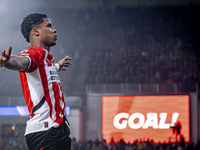 PSV Eindhoven defender Ryan Flamingo scores the 1-0 and celebrates the goal during the match between PSV and Girona at the Philips Stadium f...