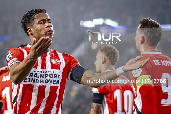 PSV Eindhoven defender Ryan Flamingo scores the 1-0 and celebrates the goal during the match between PSV and Girona at the Philips Stadium f...