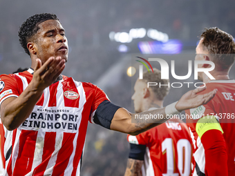 PSV Eindhoven defender Ryan Flamingo scores the 1-0 and celebrates the goal during the match between PSV and Girona at the Philips Stadium f...