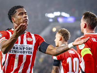 PSV Eindhoven defender Ryan Flamingo scores the 1-0 and celebrates the goal during the match between PSV and Girona at the Philips Stadium f...