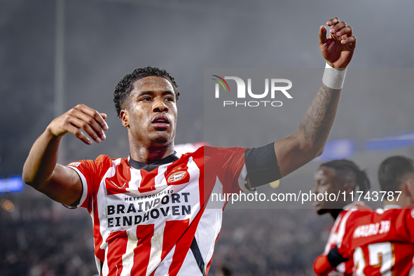 PSV Eindhoven defender Ryan Flamingo scores the 1-0 and celebrates the goal during the match between PSV and Girona at the Philips Stadium f...