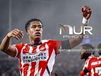 PSV Eindhoven defender Ryan Flamingo scores the 1-0 and celebrates the goal during the match between PSV and Girona at the Philips Stadium f...