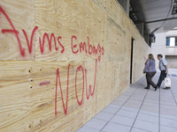 Downtown DC businesses board up windows during the Presidential Election in Washington DC, USA, on November 5, 2024, at 19th Street. (