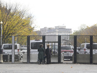 High fences surround the White House during the presidential election in Washington, DC, USA, on November 5, 2024, at Lafayette Park. (