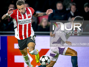 PSV Eindhoven forward Noa Lang plays during the match between PSV and Girona at the Philips Stadium for the UEFA Champions League - League p...