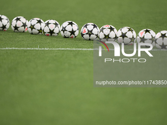 The official UEFA Champions League match balls are seen before the UEFA Champions League match between Sporting CP and Manchester City at Jo...