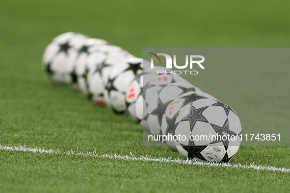 The official UEFA Champions League match balls are seen before the UEFA Champions League match between Sporting CP and Manchester City at Jo...