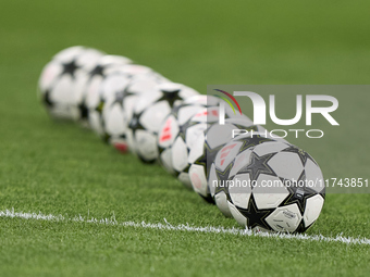 The official UEFA Champions League match balls are seen before the UEFA Champions League match between Sporting CP and Manchester City at Jo...