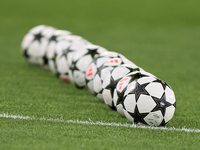 The official UEFA Champions League match balls are seen before the UEFA Champions League match between Sporting CP and Manchester City at Jo...