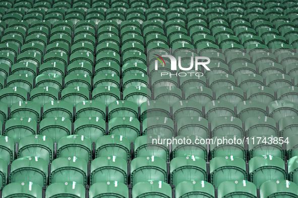 Stadium seats are empty before the UEFA Champions League match between Sporting CP and Manchester City at Jose Alvalade Stadium in Lisbon, P...