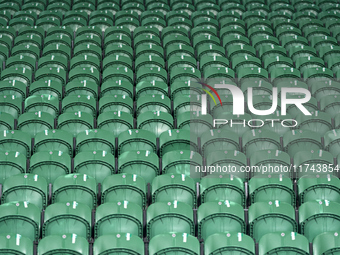 Stadium seats are empty before the UEFA Champions League match between Sporting CP and Manchester City at Jose Alvalade Stadium in Lisbon, P...