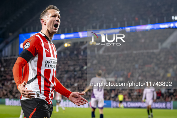 PSV Eindhoven forward Luuk de Jong celebrates the goal during the match between PSV and Girona at the Philips Stadium for the UEFA Champions...