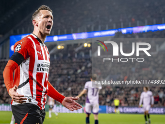 PSV Eindhoven forward Luuk de Jong celebrates the goal during the match between PSV and Girona at the Philips Stadium for the UEFA Champions...