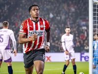 PSV Eindhoven defender Ryan Flamingo scores the 1-0 and celebrates the goal during the match between PSV and Girona at the Philips Stadium f...