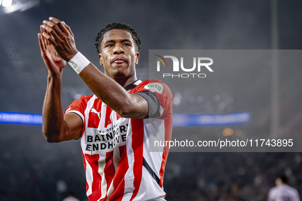 PSV Eindhoven defender Ryan Flamingo scores the 1-0 and celebrates the goal during the match between PSV and Girona at the Philips Stadium f...