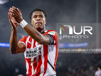 PSV Eindhoven defender Ryan Flamingo scores the 1-0 and celebrates the goal during the match between PSV and Girona at the Philips Stadium f...