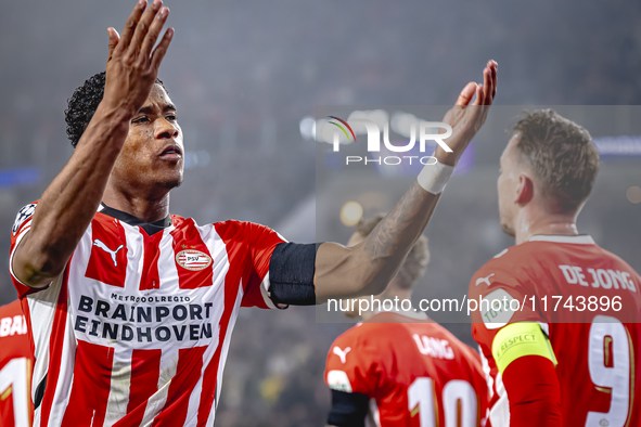 PSV Eindhoven defender Ryan Flamingo scores the 1-0 and celebrates the goal during the match between PSV and Girona at the Philips Stadium f...