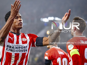 PSV Eindhoven defender Ryan Flamingo scores the 1-0 and celebrates the goal during the match between PSV and Girona at the Philips Stadium f...