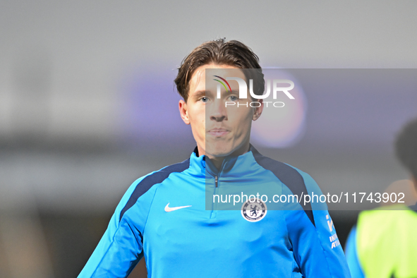 Harrison Murry Campbell, number 59 for Chelsea, warms up during the EFL Trophy match between Cambridge United and Chelsea Under 21s at the C...