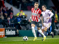 PSV Eindhoven forward Noa Lang and Girona FC forward Bryan Gil play during the match between PSV and Girona at the Philips Stadium for the U...