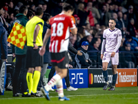 Girona FC defender Arnau Martinez receives a red card and leaves the pitch during the match between PSV and Girona at the Philips Stadium fo...