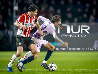 PSV Eindhoven defender Olivier Boscagli and Girona FC forward Bryan Gil play during the match between PSV and Girona at the Philips Stadium...