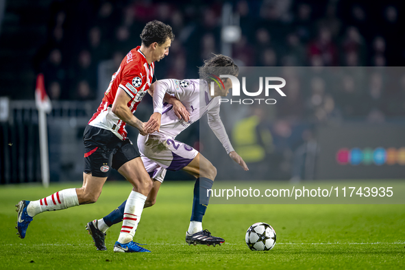 PSV Eindhoven defender Olivier Boscagli and Girona FC forward Bryan Gil play during the match between PSV and Girona at the Philips Stadium...