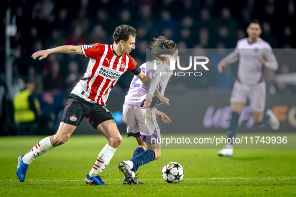 PSV Eindhoven defender Olivier Boscagli and Girona FC forward Bryan Gil play during the match between PSV and Girona at the Philips Stadium...