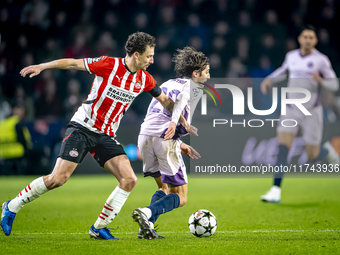 PSV Eindhoven defender Olivier Boscagli and Girona FC forward Bryan Gil play during the match between PSV and Girona at the Philips Stadium...