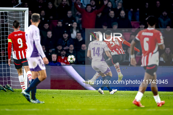 PSV Eindhoven midfielder Ismael Saibari scores the 3-0, but the goal is rejected during the match between PSV and Girona at the Philips Stad...